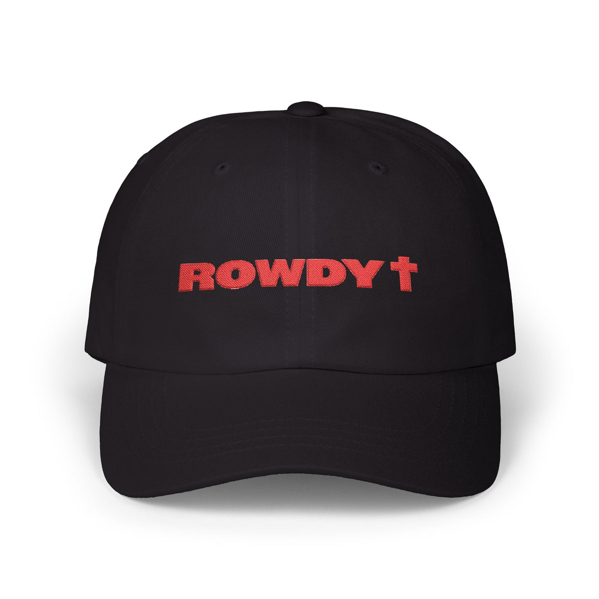A black baseball cap with the word 'ROWDY' embroidered in red across the front, shown on a clean white background.