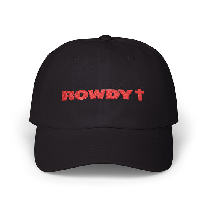 A black baseball cap with the word 'ROWDY' embroidered in red across the front, shown on a clean white background.