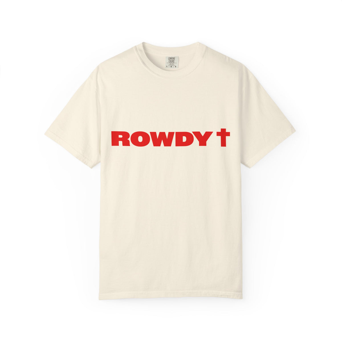 Ready to Answer tee in ivory: small ROWDY on the chest, stacked ROWDY CHRISTIAN logo and 1 Peter 3:15 on the back