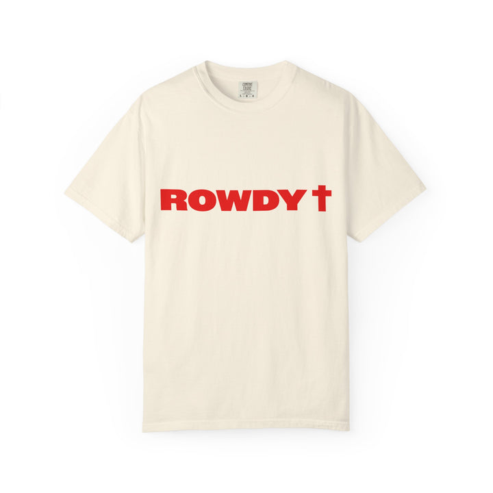 Ready to Answer tee in ivory: small ROWDY on the chest, stacked ROWDY CHRISTIAN logo and 1 Peter 3:15 on the back