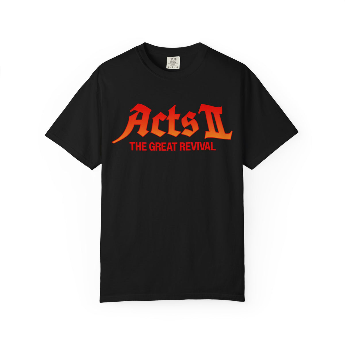 A black short-sleeve t-shirt with a red and orange graphic on the chest reading 'Acts II THE GREAT REVIVAL' in a stylized font, displayed against a plain white background.