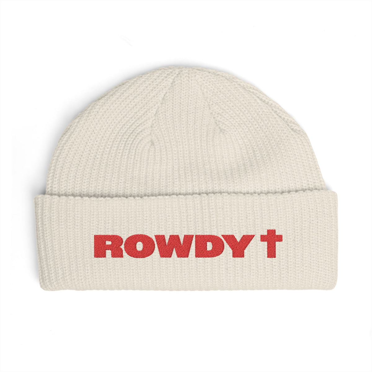 An off-white ribbed knit beanie hat featuring the word 'ROWDY +' (cross) in red block letters with a red cross symbol, displayed on a clean white background.
