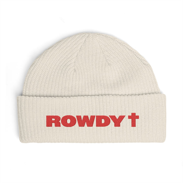 An off-white ribbed knit beanie hat featuring the word 'ROWDY +' (cross) in red block letters with a red cross symbol, displayed on a clean white background.