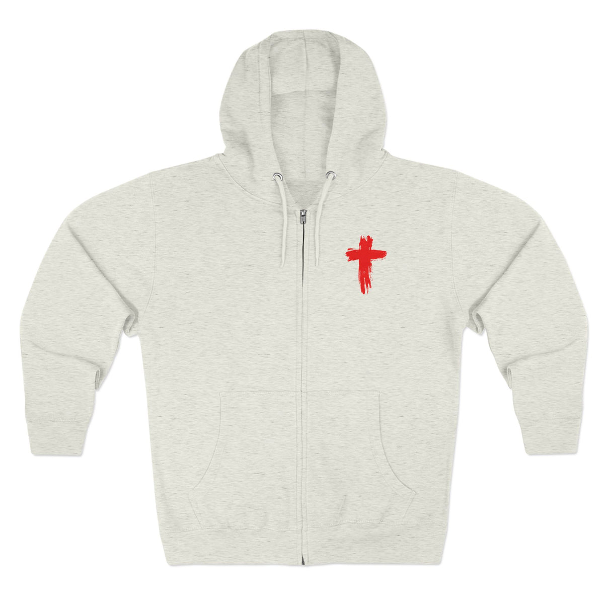 Rowdy Christian zip hoodie in oatmeal heather, front and back print