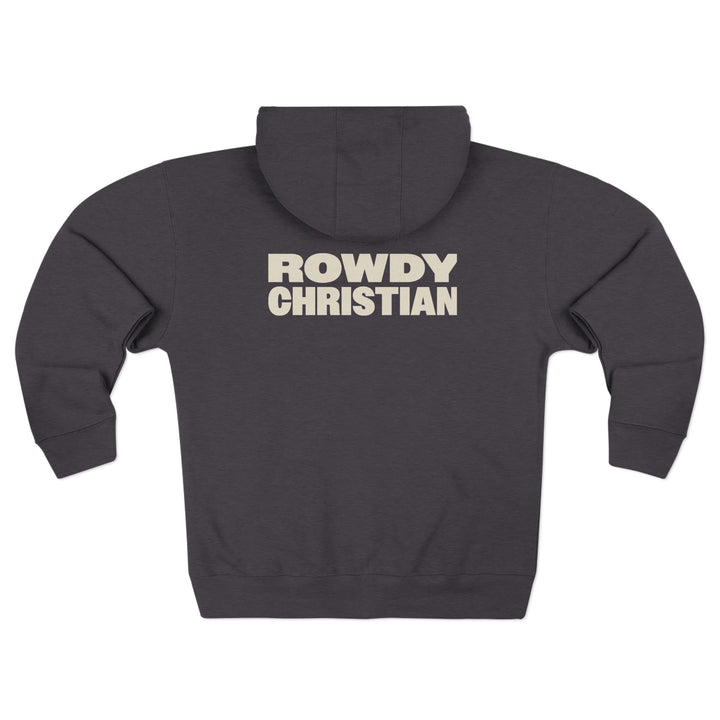 A dark charcoal gray hoodie shown from the back, featuring the words 'ROWDY CHRISTIAN' printed in a bold, light beige sans-serif font across the upper back.