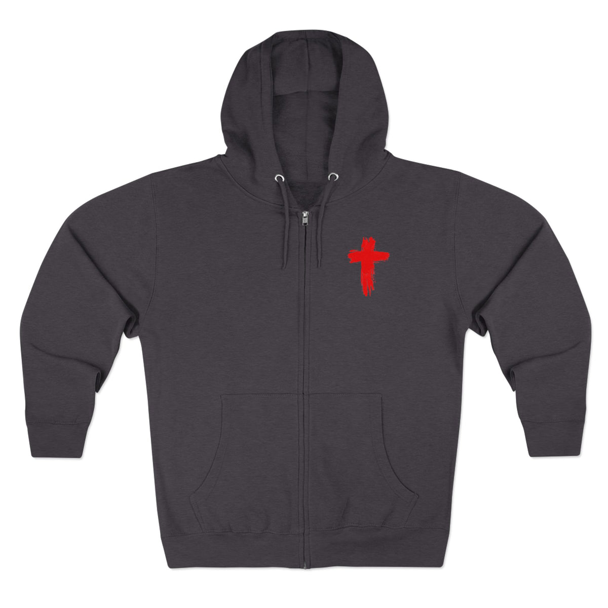 A dark charcoal gray zip-up hoodie with a small red cross graphic on the left chest, displayed against a solid white background.